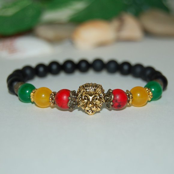 Lion Bracelet,Rasta Bracelet,8mm Gemstone Beads,Onyx Gemstone Bracelet - Picture 1 of 3